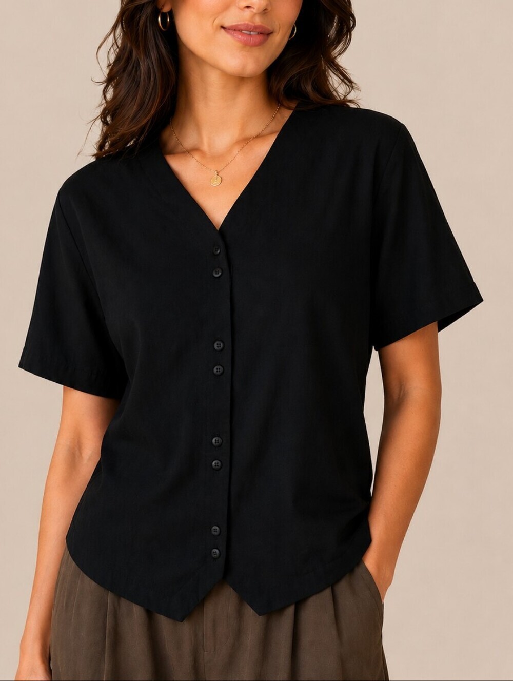 L.L. BEAN Dark Blue V-Neck Button-Front Tuxedo Style Top